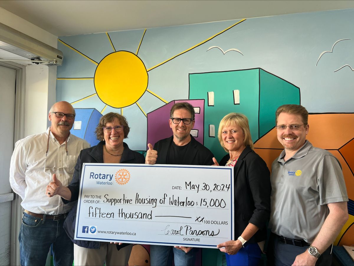 From Left to Right: Al Hayes (Rotary Member and Board Chair at SHOW) , Mayor Dorothy McCabe, Brian Pau; (SHOW's ED), Carol Parsons (Rotary Waterloo President), and Jeff Allen (Rotary)